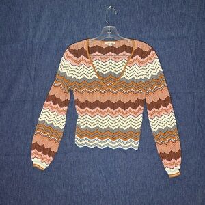 Missoni-Inspired Multicolor Chevron V-Neck Sweater - Pink, Brown, Cream